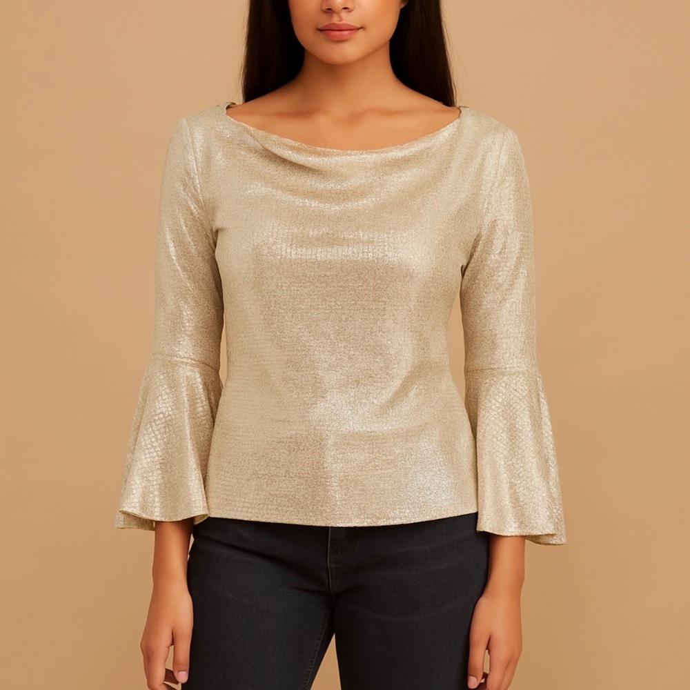 Prelude Gold Sequin Bell Sleeve Top Size Small